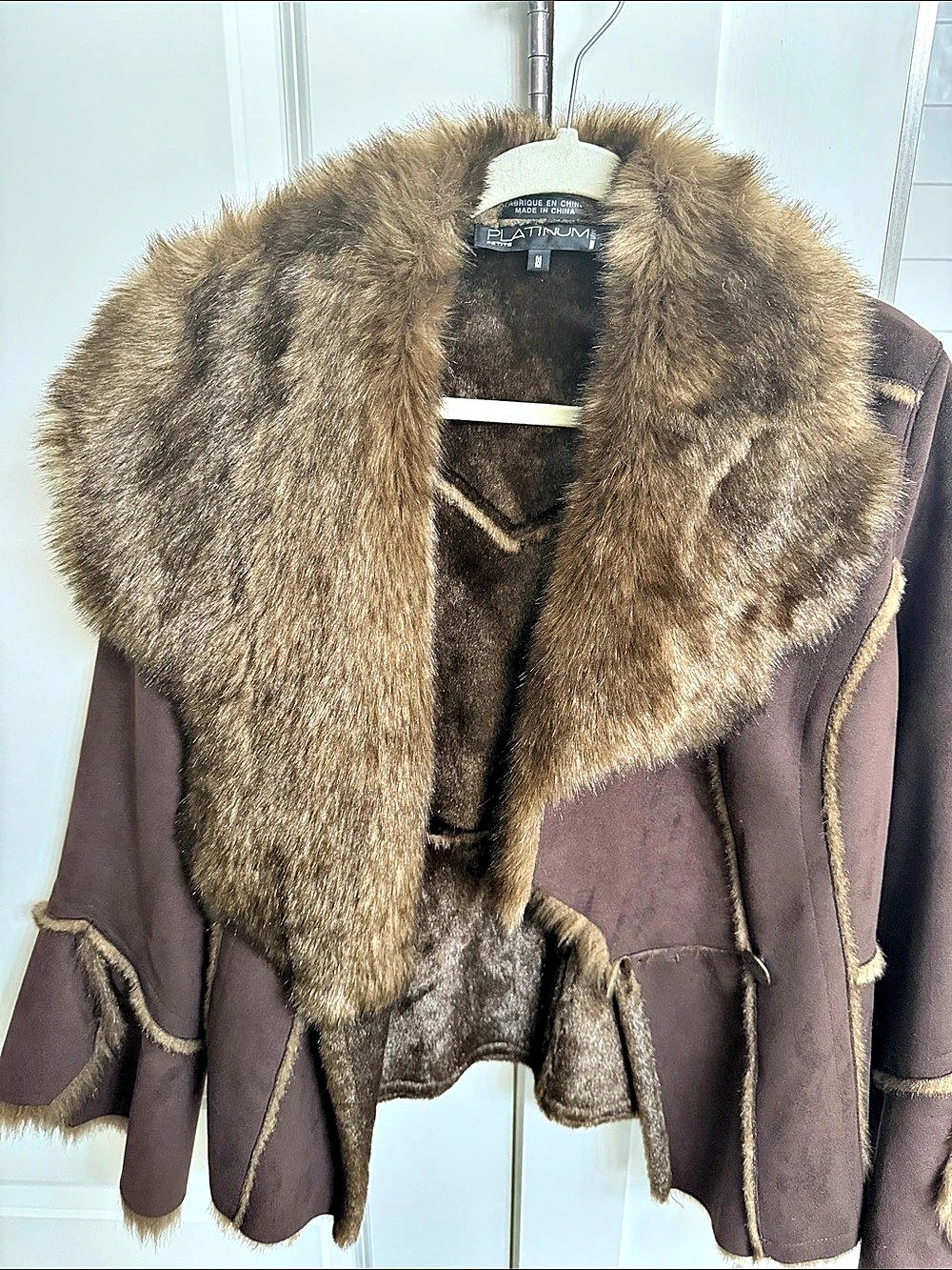 Platinum Faux Fur Trim Jacket Brown Medium Like New